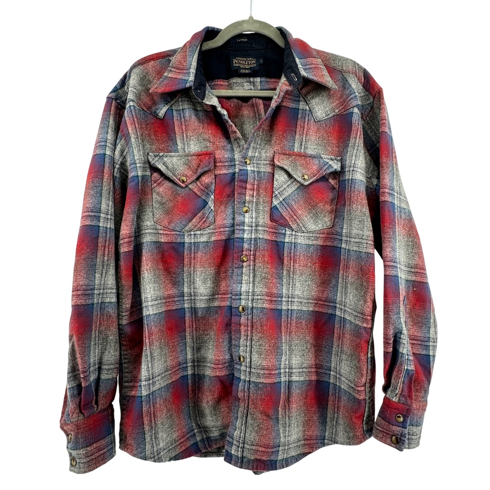 Pendleton Canyon Western Shirt Mens Large Red Gray Plaid Pearl Snap Outdoor